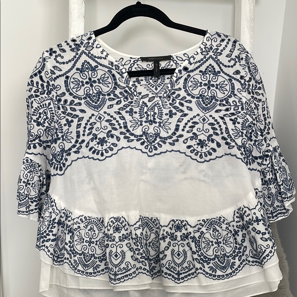 BCBGMAXAZRIA White and Blue Embroidered Women's Top